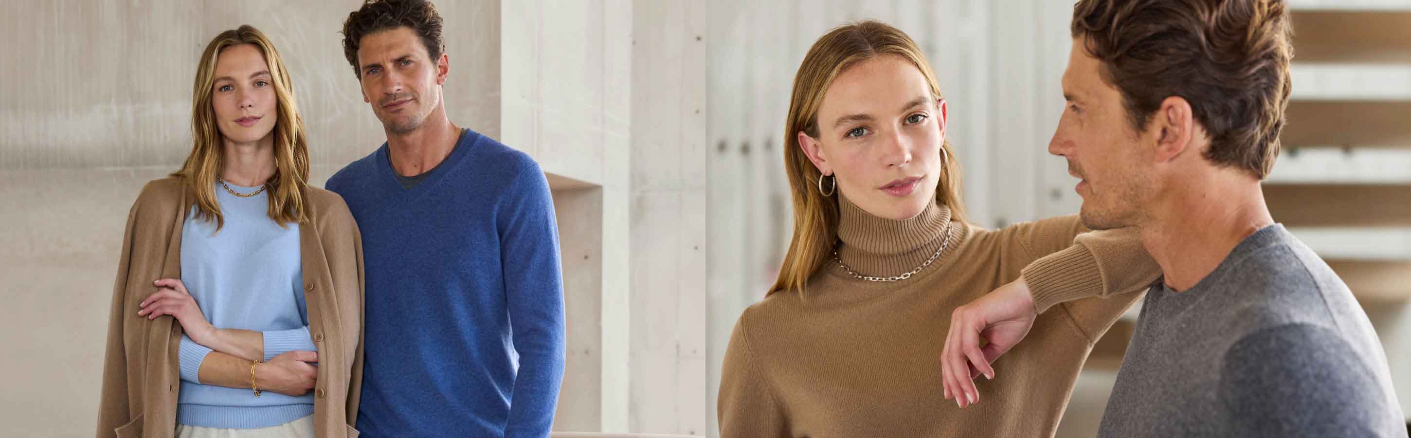 Auf dem Bild sind Mann und Frau zu sehen, die die neusten Farben aus der Cashmere & Merino Kollektion tragen