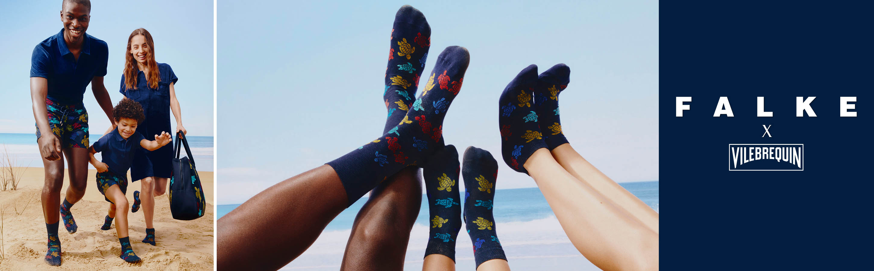 Familie am Strand mit Badeshorts und Strümpfen mit farbenfrohem Schildkröten-Design